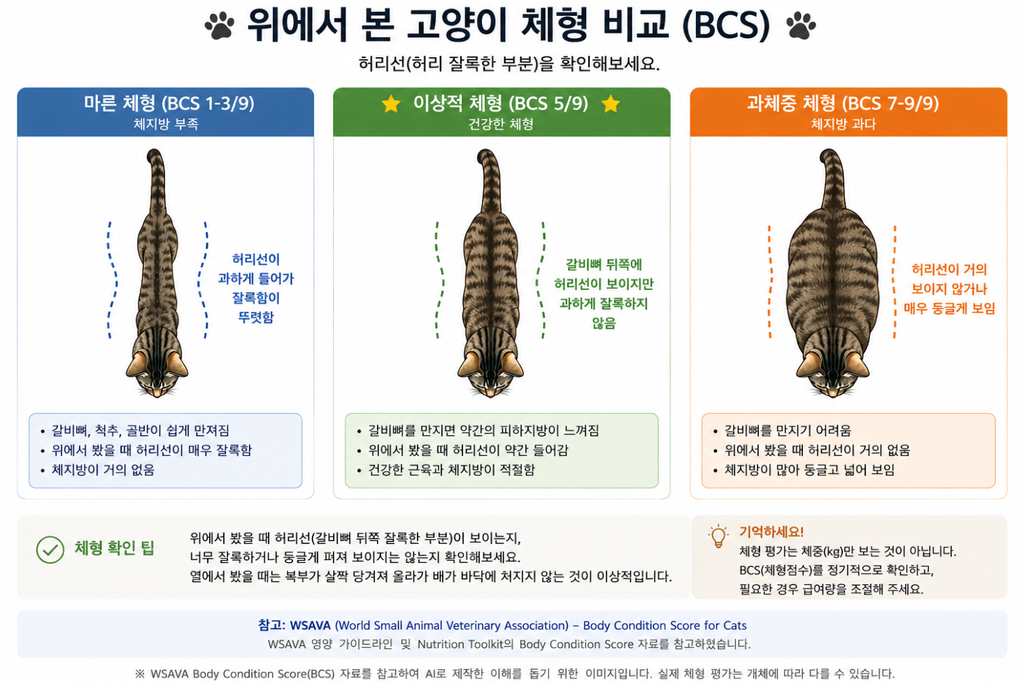 중성화 고양이 체형 확인을 위한 BCS 체형점수 비교 이미지