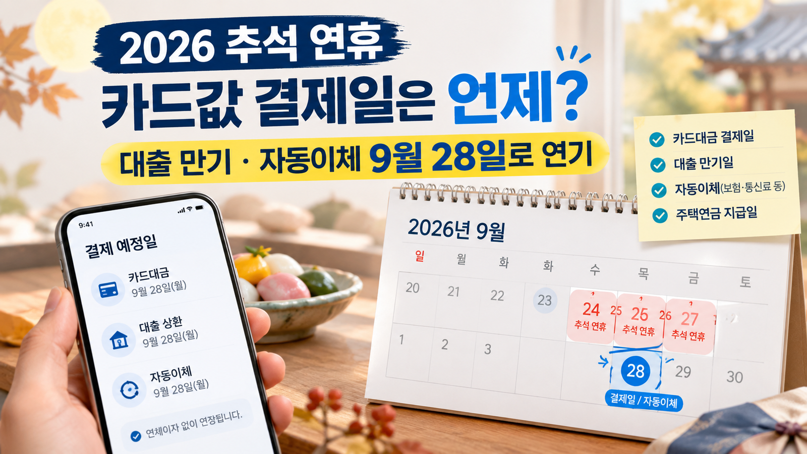 2026 추석 연휴 카드 결제일 대출 만기 자동이체 9월 28일
